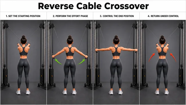 Reverse Cable Crossover exercise guide showing 3 movement steps using dual cable machine