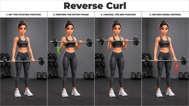 Reverse Curl exercise guide showing 4 movement steps using barbell