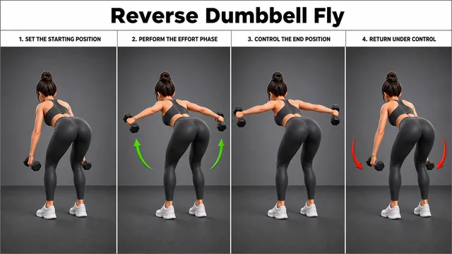 Reverse Dumbbell Fly exercise guide showing 3 movement steps using dumbbell pair
