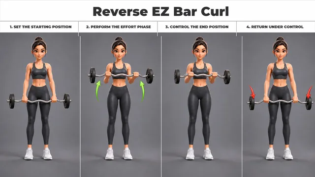 Reverse EZ Bar Curl exercise guide showing 4 movement steps using EZ curl bar