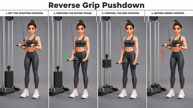 Reverse Grip Pushdown exercise guide showing 4 movement steps using cable station