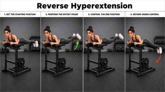 Reverse Hyperextension exercise image showing key movement positions with reverse hyper bench