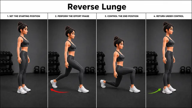 Reverse Lunge exercise guide showing 4 movement steps