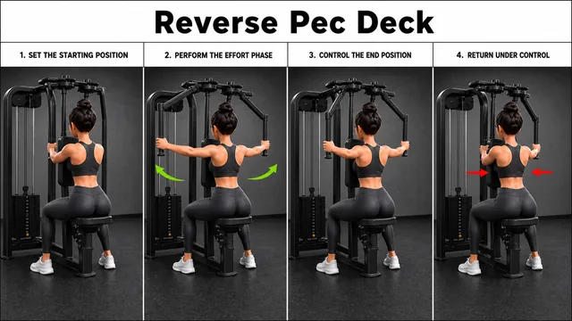 Reverse Pec Deck exercise guide showing 3 movement steps using reverse pec deck