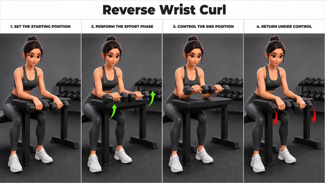 Reverse Wrist Curl exercise guide showing 4 movement steps using dumbbell pair and flat bench
