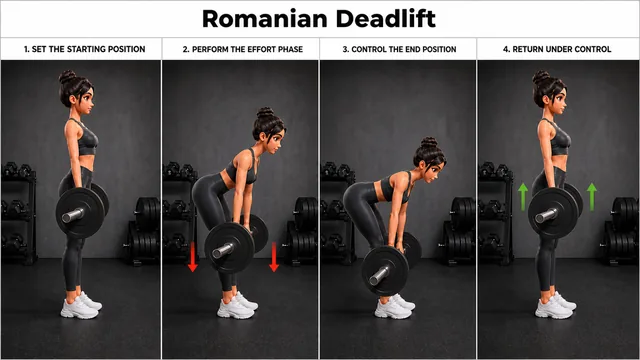 Romanian Deadlift exercise guide showing 3 movement steps using barbell