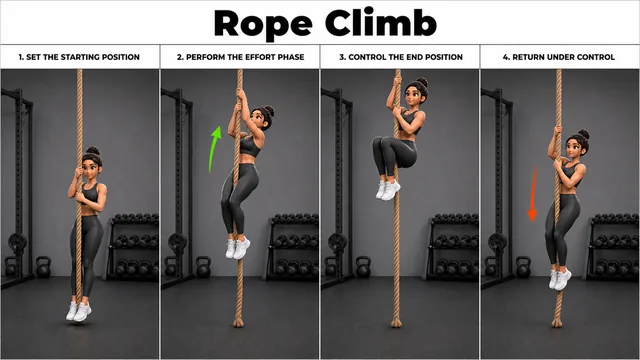 Rope Climb exercise image showing key movement positions with climbing rope