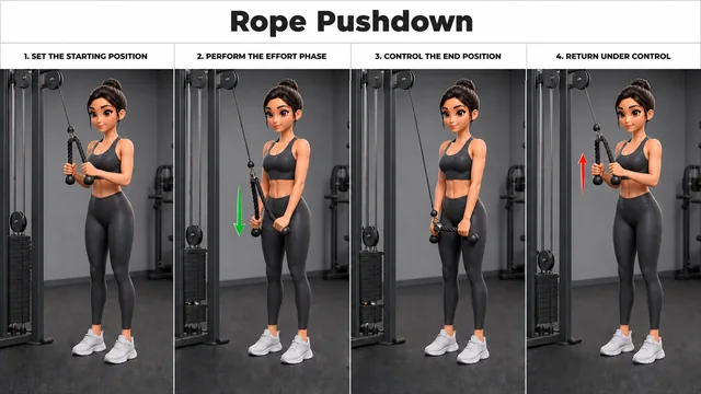 Rope Pushdown exercise guide showing 4 movement steps using cable station