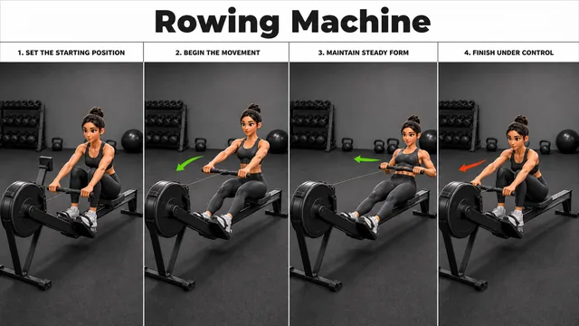 Rowing Machine exercise image showing key movement positions with rowing machine