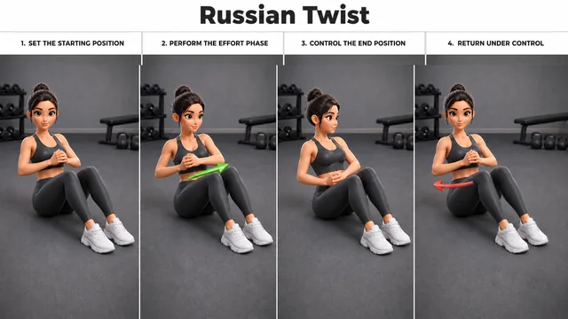 Russian Twist exercise guide showing 4 movement steps