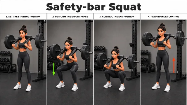 Safety-bar Squat exercise image showing key movement positions with safety squat bar