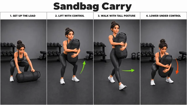 Sandbag Carry exercise image showing key movement positions with sandbag