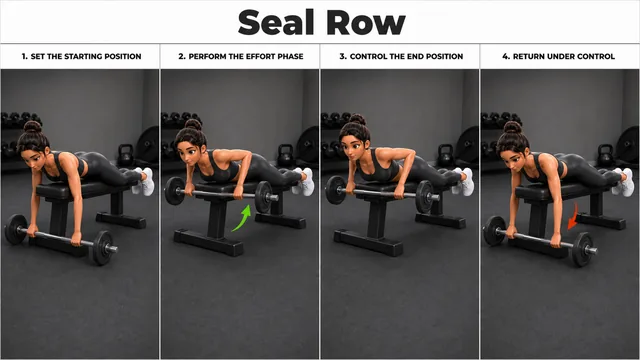 Seal Row exercise image showing key movement positions with elevated flat bench and barbell