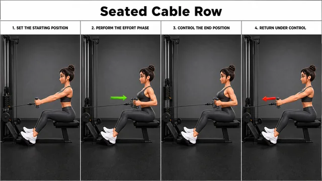 Seated Cable Row exercise guide showing 3 movement steps using seated cable row and close-grip handle