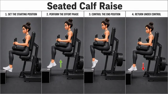 Seated Calf Raise exercise guide showing 4 movement steps using seated calf machine