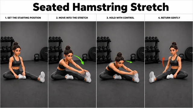 Seated Hamstring Stretch exercise image showing key movement positions