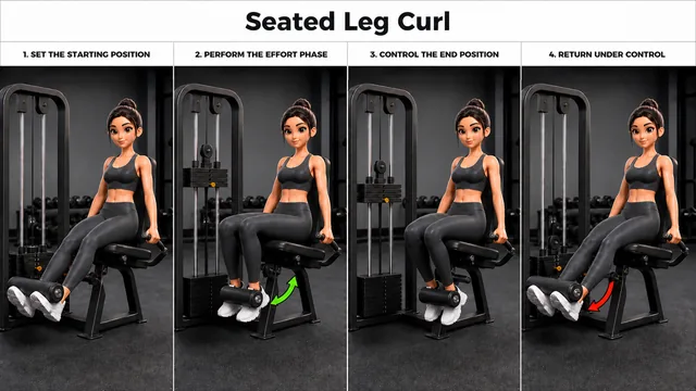 Seated Leg Curl exercise guide showing 4 movement steps using seated leg curl machine