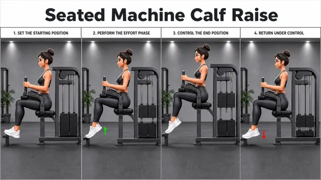 Seated Machine Calf Raise exercise guide showing 4 movement steps using seated calf machine