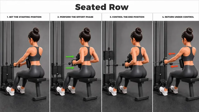 Seated Row exercise guide showing 4 movement steps using row machine