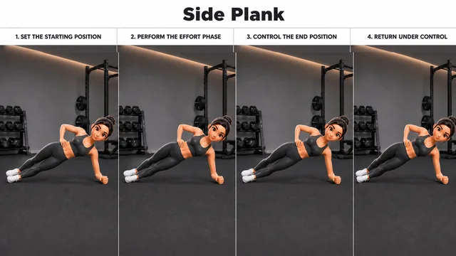Side Plank exercise guide showing 4 movement steps