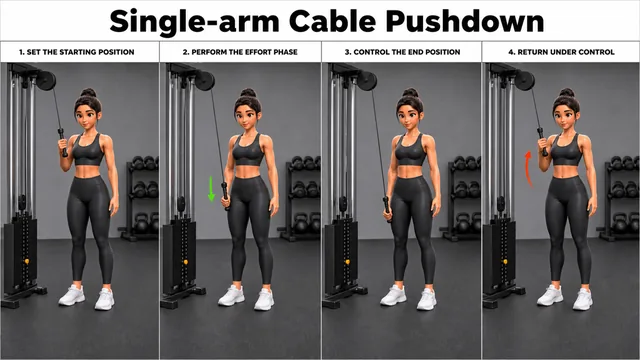 Single-arm Cable Pushdown exercise image showing key movement positions with cable station