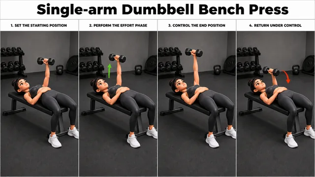 Single-arm Dumbbell Bench Press exercise image showing key movement positions with flat bench and single dumbbell