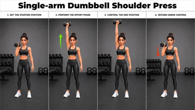 Single-arm Dumbbell Shoulder Press exercise image showing key movement positions with single dumbbell