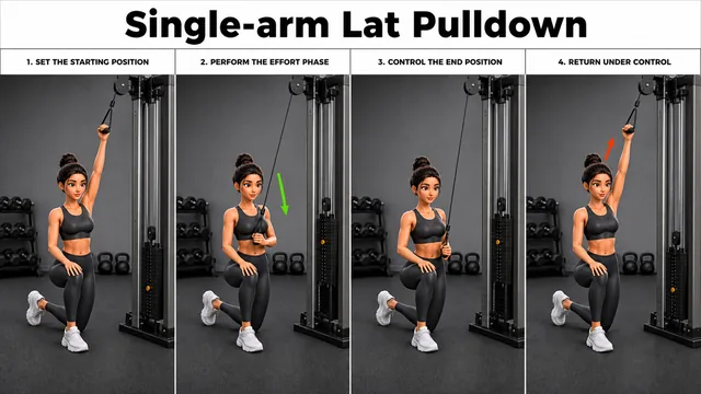 Single-arm Lat Pulldown exercise image showing key movement positions