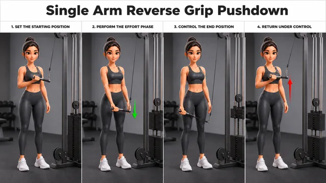 Single Arm Reverse Grip Pushdown exercise guide showing 4 movement steps using cable station