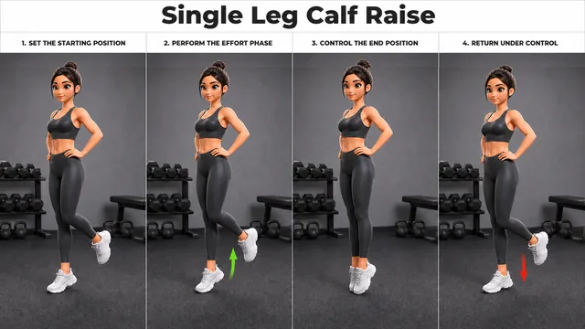 Single Leg Calf Raise exercise guide showing 4 movement steps