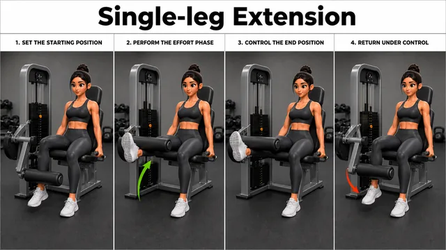 Single-leg Extension exercise image showing key movement positions with leg extension machine