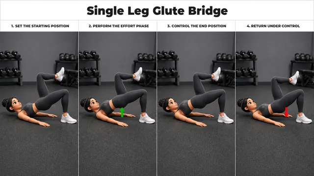 Single Leg Glute Bridge exercise guide showing 4 movement steps