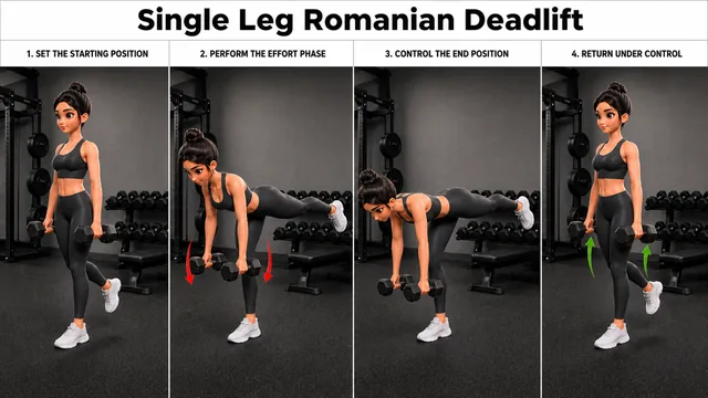 Single Leg Romanian Deadlift exercise guide showing 4 movement steps using dumbbell pair