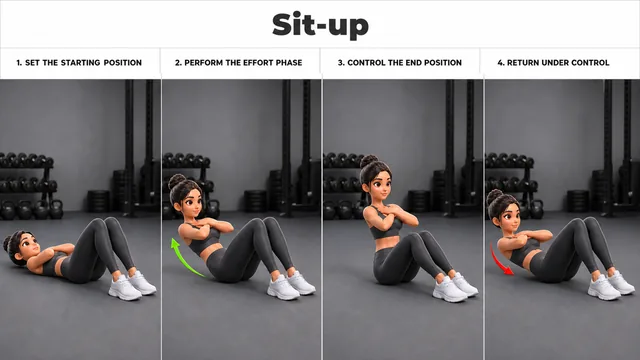 Sit-up exercise guide showing 4 movement steps