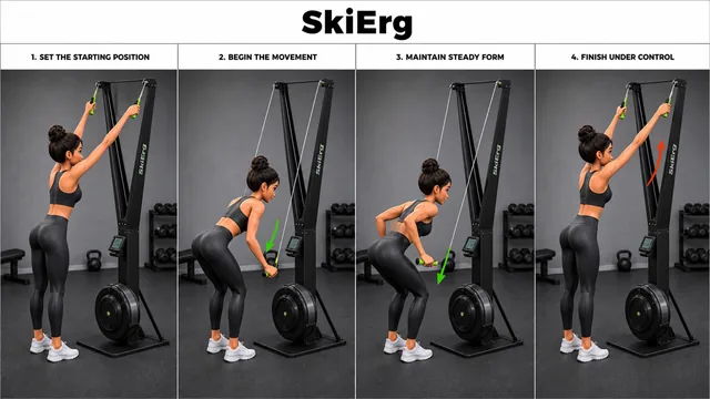 SkiErg exercise image showing key movement positions with SkiErg machine
