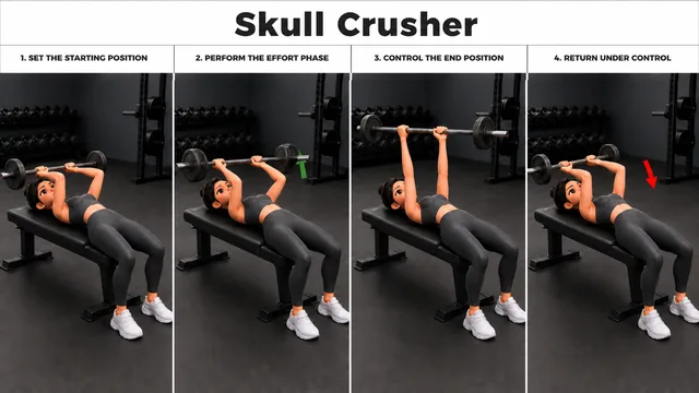Skull Crusher exercise guide showing 4 movement steps using barbell and flat bench