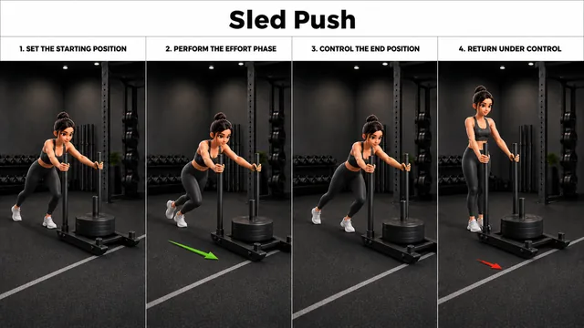 Sled Push exercise guide showing 4 movement steps using weighted sled