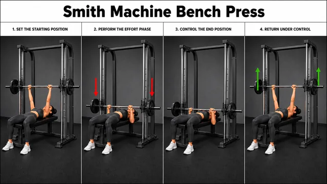 Smith Machine Bench Press exercise guide showing 3 movement steps using flat bench and Smith machine