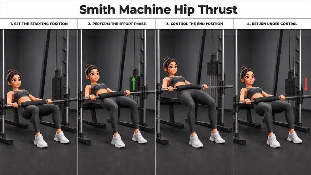 Smith Machine Hip Thrust exercise guide showing 4 movement steps using Smith machine and flat bench