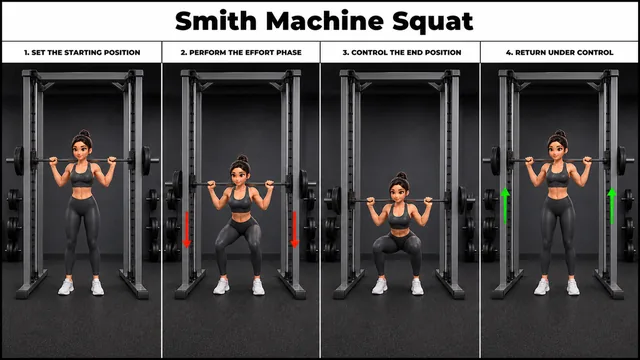 Smith Machine Squat exercise guide showing 4 movement steps using Smith machine