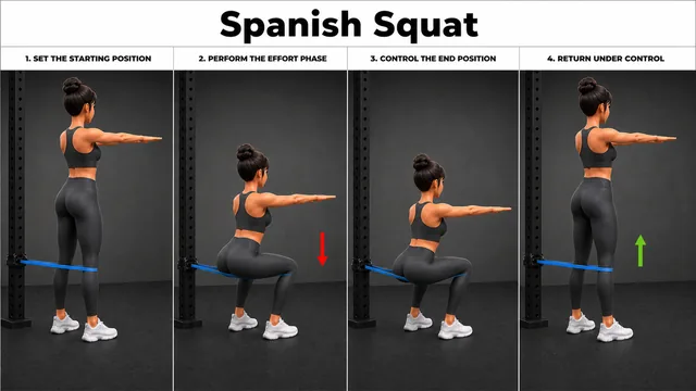 Spanish Squat exercise guide showing 4 movement steps using resistance band