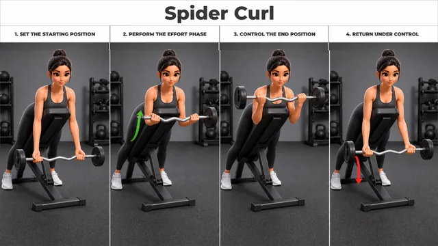 Spider Curl exercise guide showing 4 movement steps using EZ curl bar and incline bench