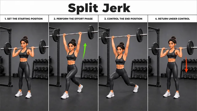 Split Jerk exercise image showing key movement positions with barbell