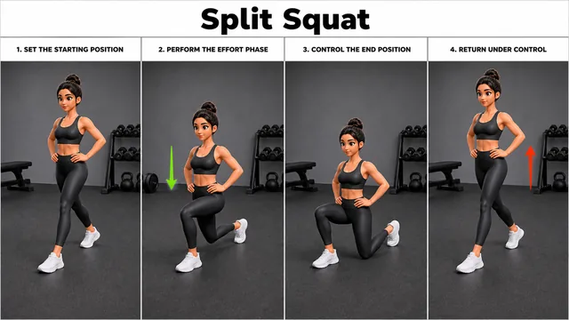 Split Squat exercise image showing key movement positions