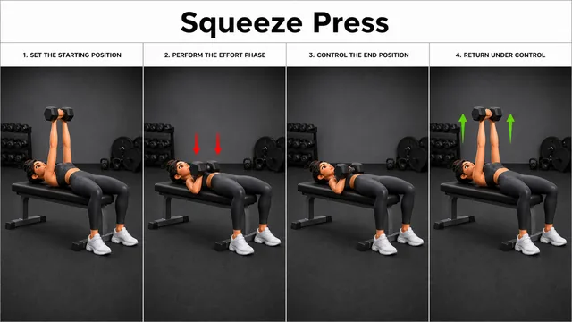Squeeze Press exercise guide showing 3 movement steps using flat bench and dumbbell pair