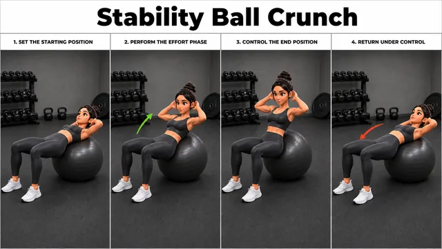 Stability Ball Crunch exercise image showing key movement positions with stability ball