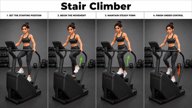 Stair Climber exercise image showing key movement positions with stair climber