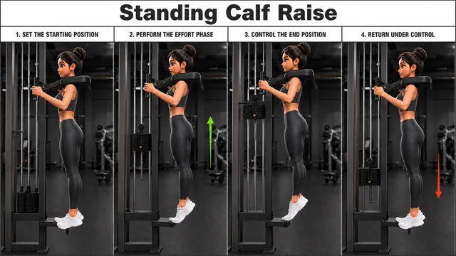 Standing Calf Raise exercise guide showing 4 movement steps using calf raise machine