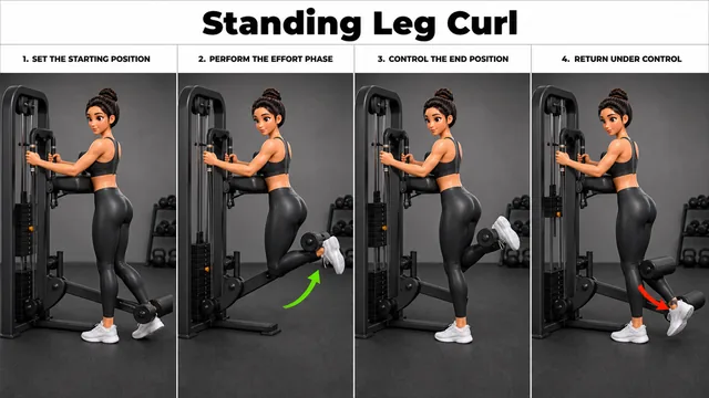 Standing Leg Curl exercise image showing key movement positions with standing leg curl machine