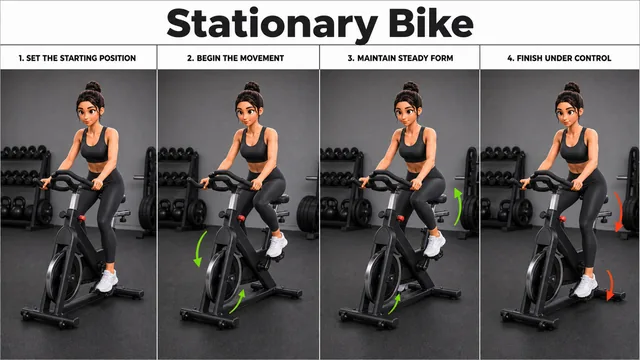 Stationary Bike exercise image showing key movement positions with stationary bike